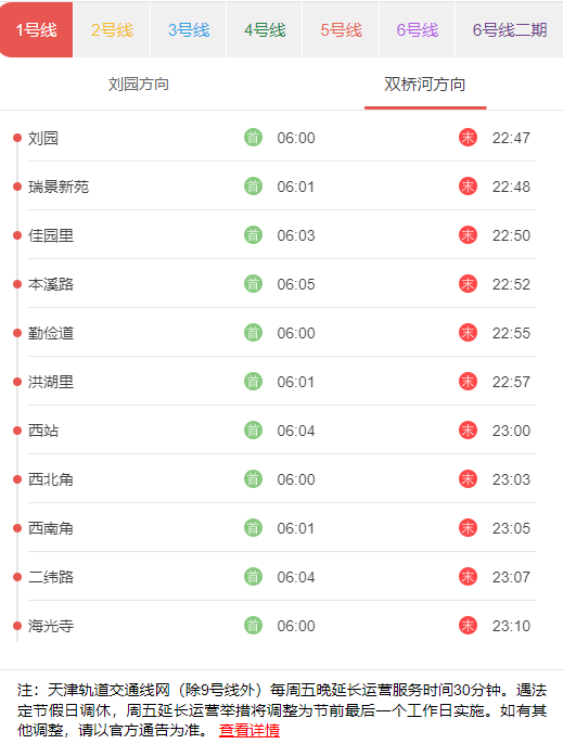 天津地铁1号线双河桥方向首末车发车时间.png