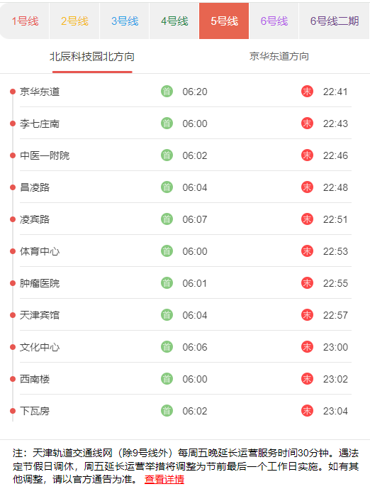 天津地铁5号北辰科技园北方向首末班发车时刻表.png