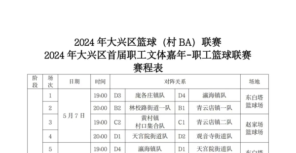 2024年大兴区篮球（村BA）联赛 -2024年大兴区首届职工问题嘉年-职工篮球联赛赛程表